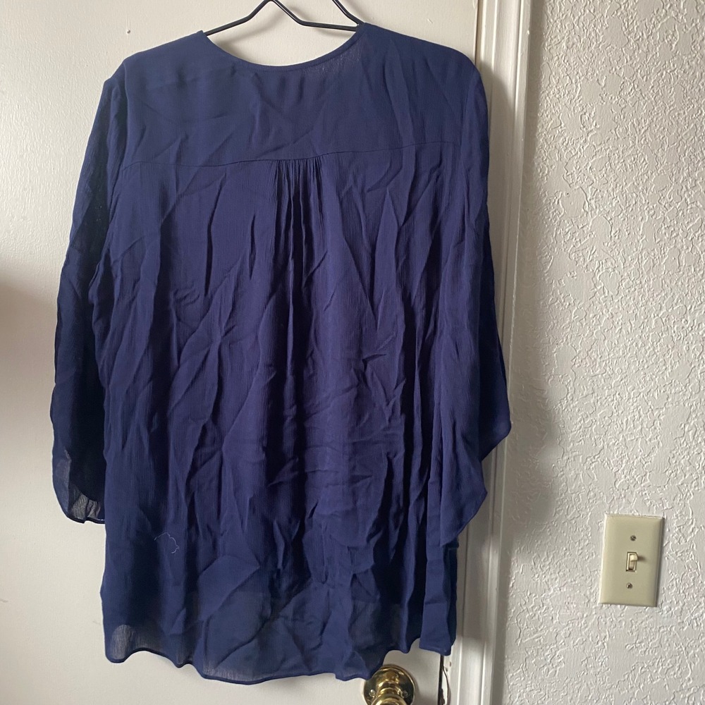 Calessa Navy Blue Embroidered V-Neck Tunic Blouse Bell Sleeve Rayon Top Large - Picture 6 of 7